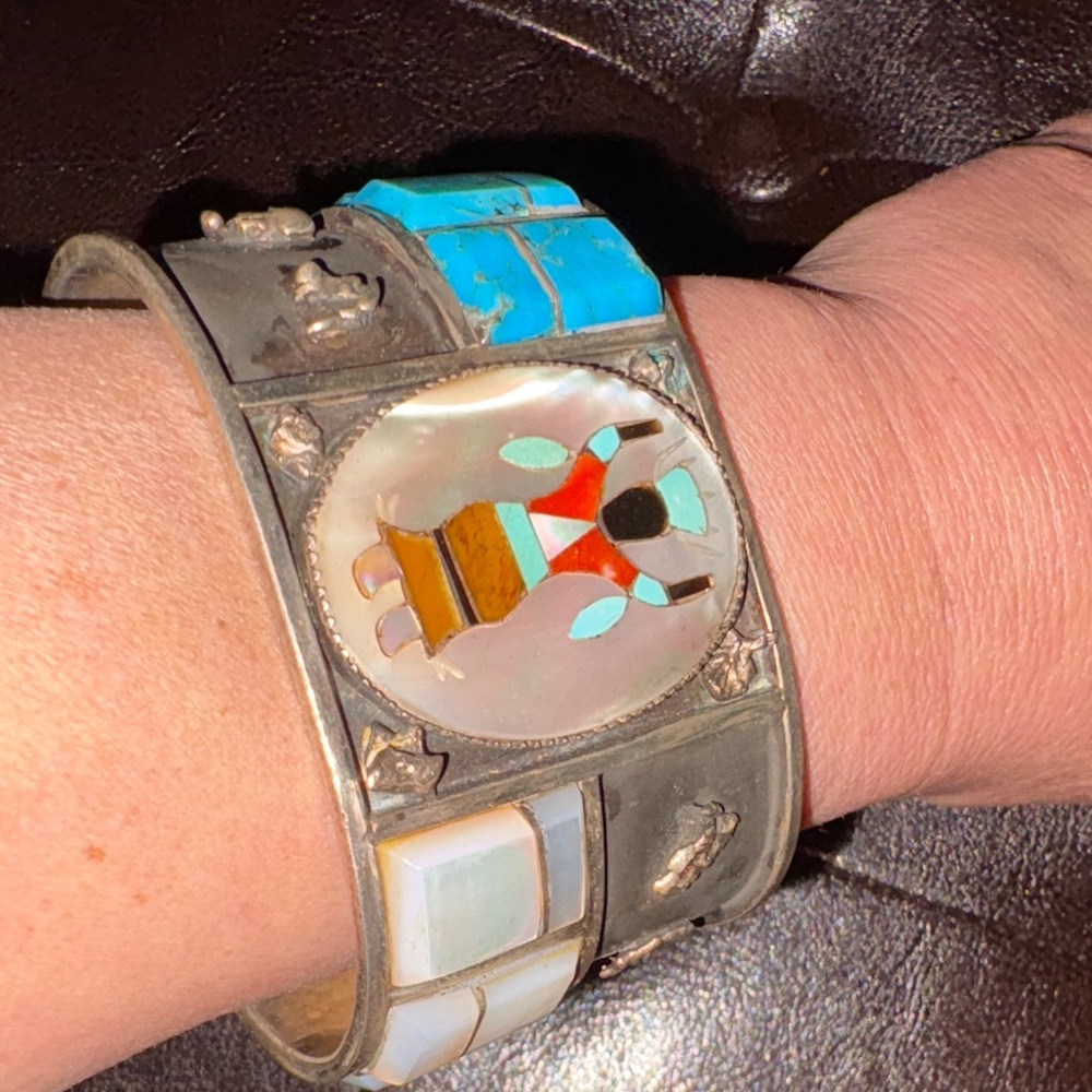 Navajo Ghan Dancer Silver and Turquoise Inlay Cuff Bracelet